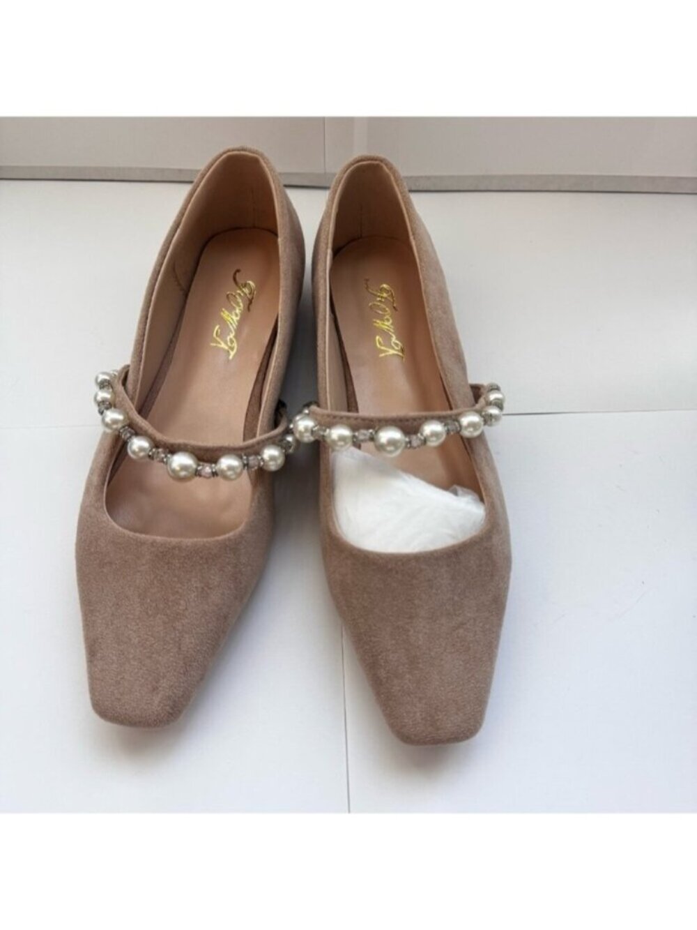 Women Slip on Pearl Strap FOWT Size 10 Flats Beige